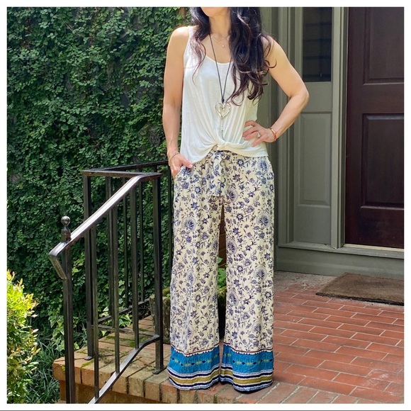 BOHO PRINT WIDE  LEG TIE FRONT PANTS - Picture 8 of 12